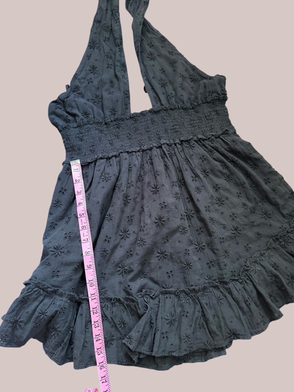 aerie Charcoal Eyelet Smocked Halter Mini Dress - Picture 3 of 6